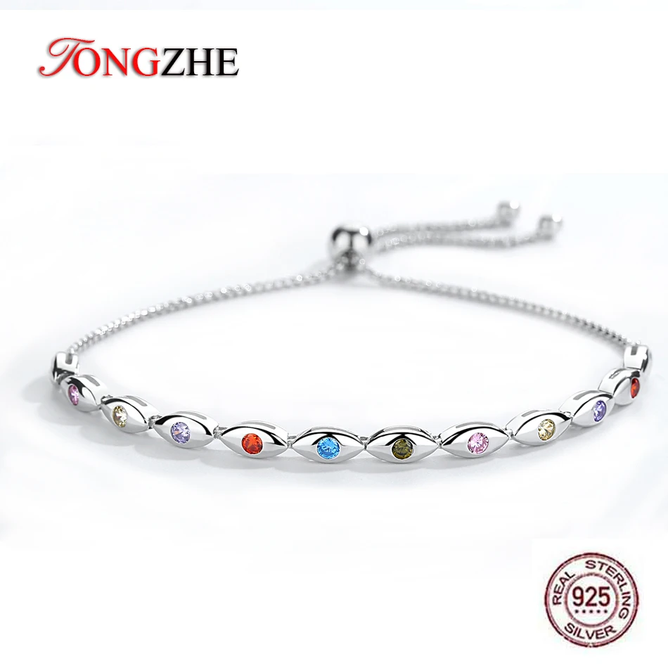 

TONGZHE Evil Eye Bracelet 925 Sterling Silver Tennis Bracelets for Women Rainbow Colorful CZ Adjustable Men Turkey Jewelry 2019