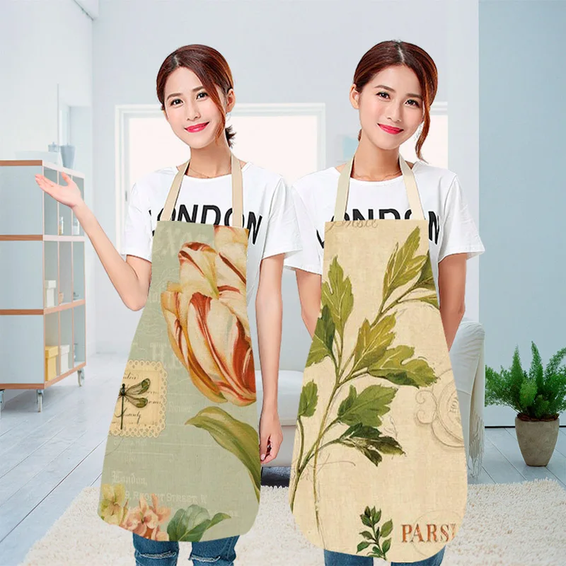 Parent-child Kitchen Apron Fashion Flower Bird Bee Print Sleeveless Cotton Linen Aprons for Kids Men Women Home Cleaning Tools