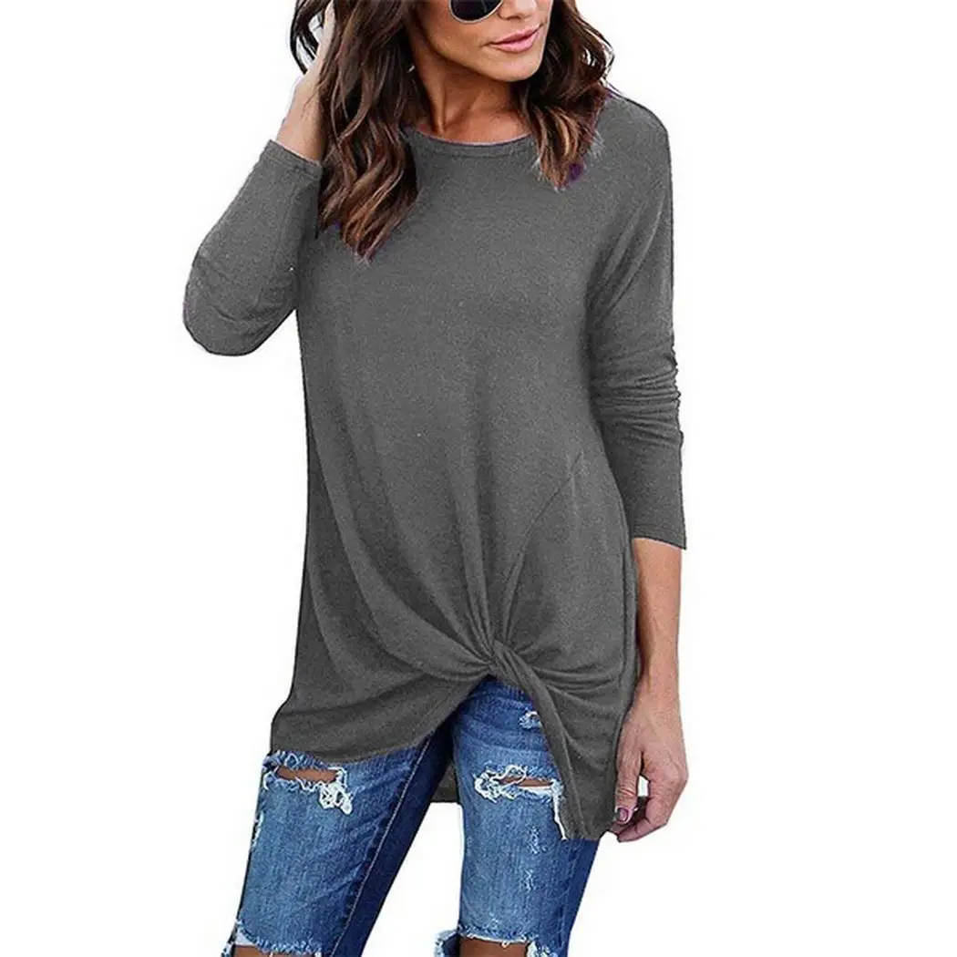 

New Women Fashion Solid Long Sleeve Autumn/Spring O Neck Regular Front Knot T-shirt Tops Casual