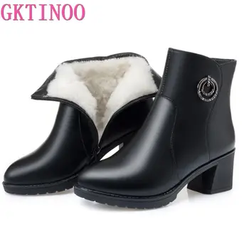 

GKTINOO Fashion Warm Wool Winter Boots Women Boots 2019 New Genuine Leather Shoes Woman Ankle Boots Thick with High Heel Boots