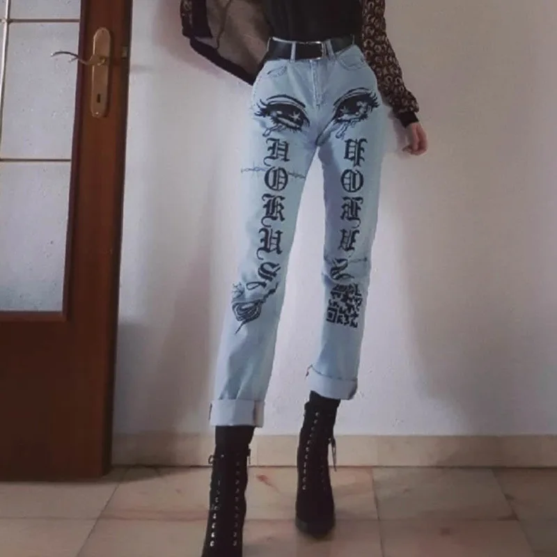 

High Waist Jeans Stretch Blue Boyfriend Pants For Women Baggy Streetwear Loose Harem Vintage Jeans Black Printed Letters 0098