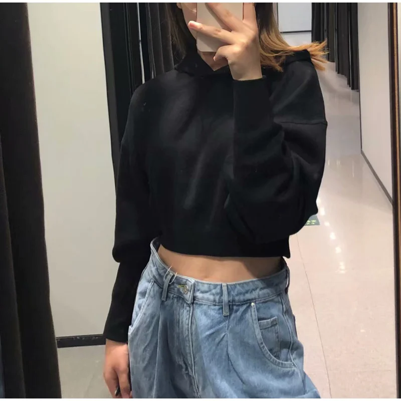 Autumn Casual Solid Short Sweatshirt Pullover Women Long Sleeve Hooded Hoody Ladies Fall Kawaii Women's Hoodies Pullovers