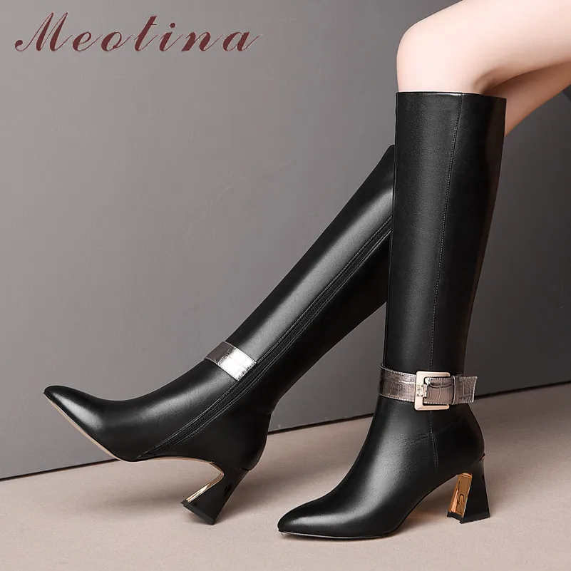 

Meotina Winter Knee High Boots Women Genuine Leather Buckle Strange Style High Heel Long Boots Zip Pointed Toe Shoes Lady 33-43