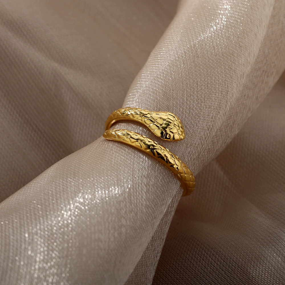 Adjustable Gold Color Snake Ring for Women Vintage Gothic Aesthetic Stainless Steel Open Ring Men's Fashion Jewelry