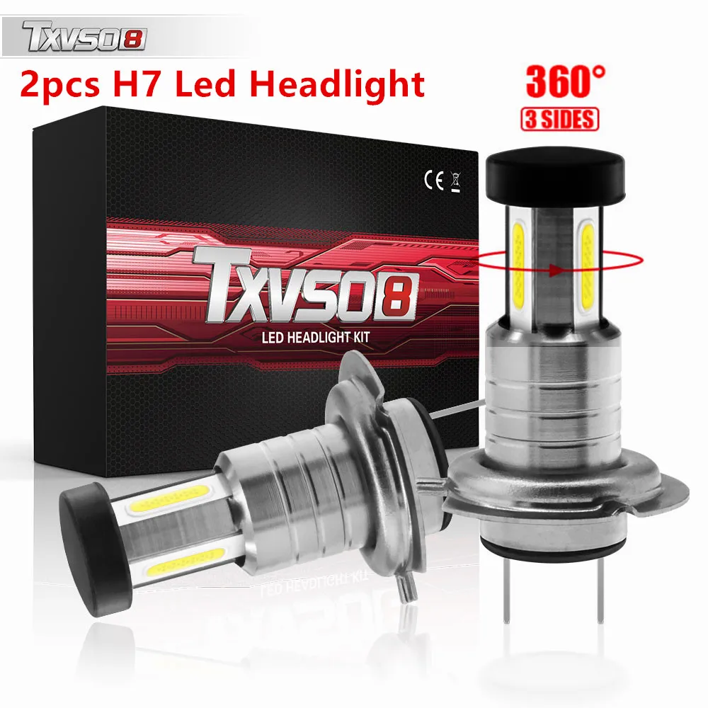 TXVSO 110W 26000LM H7 LED Headlight Car Kit 3 Sides 6000K White Lamps 55W/Bulb Replacement for Halogen and Xenon Highlights or Low Beam 2pcs/Set 