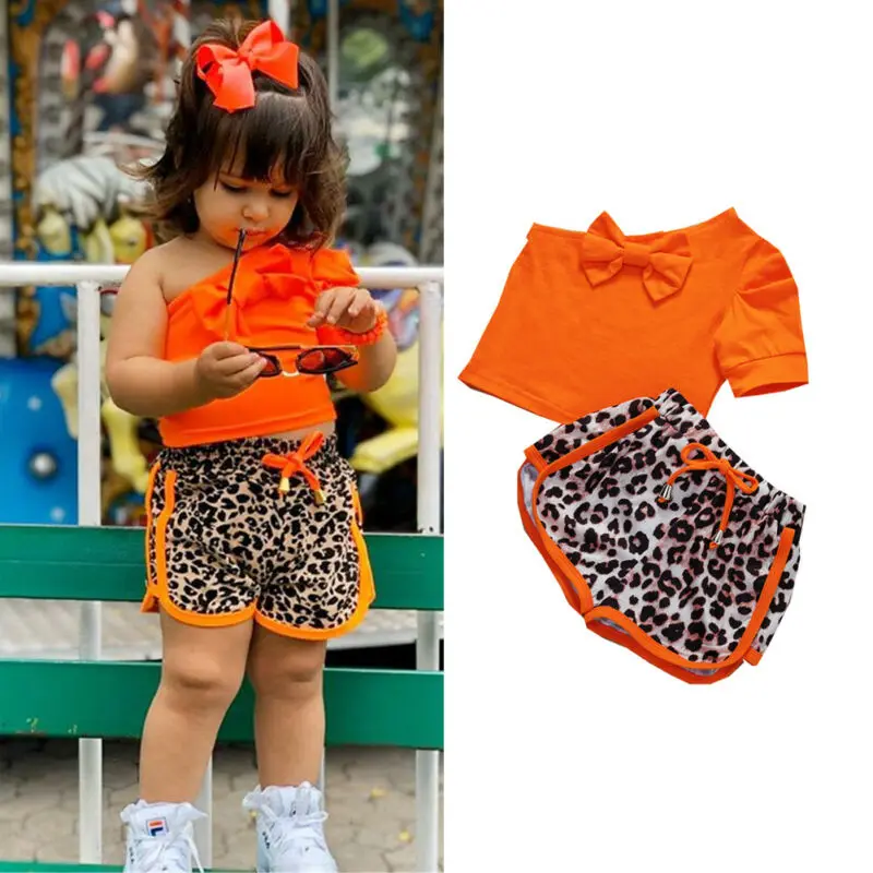 

Toddler Kid Baby Girls Clothes One Shoulder Short Sleeve Bowknot T-shirts Leopard Shorts Children Set Fashion Girls Clothes Suit