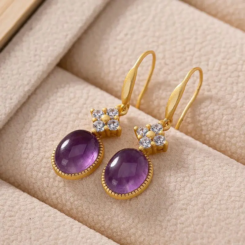 methyst Earrings Chinese style retro palace unique ancient gold craft light luxury noble charm women silver jewelry | Украшения и