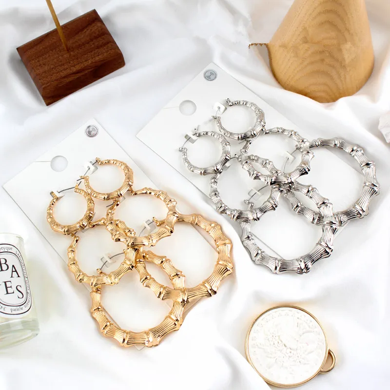 Statement Sliver/Gold Color Big Bamboo Circle Hoop Earrings For Women Hip Hop Large Celebrity Basketball Wives Earrings Hoops 3