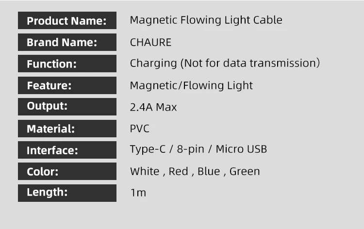 CHAURE 1 м usb кабель для зарядки с магнитным креплением течет светильник для быстрой зарядки на борту самолета type c micro usb 8-pin Магнитный кабель для Xiaomi huawei Зарядное устройство