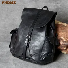 PNDME high quality genuine leather men's backpack vintage anti-theft luxury soft cowhide travel black laptop bagpack for women