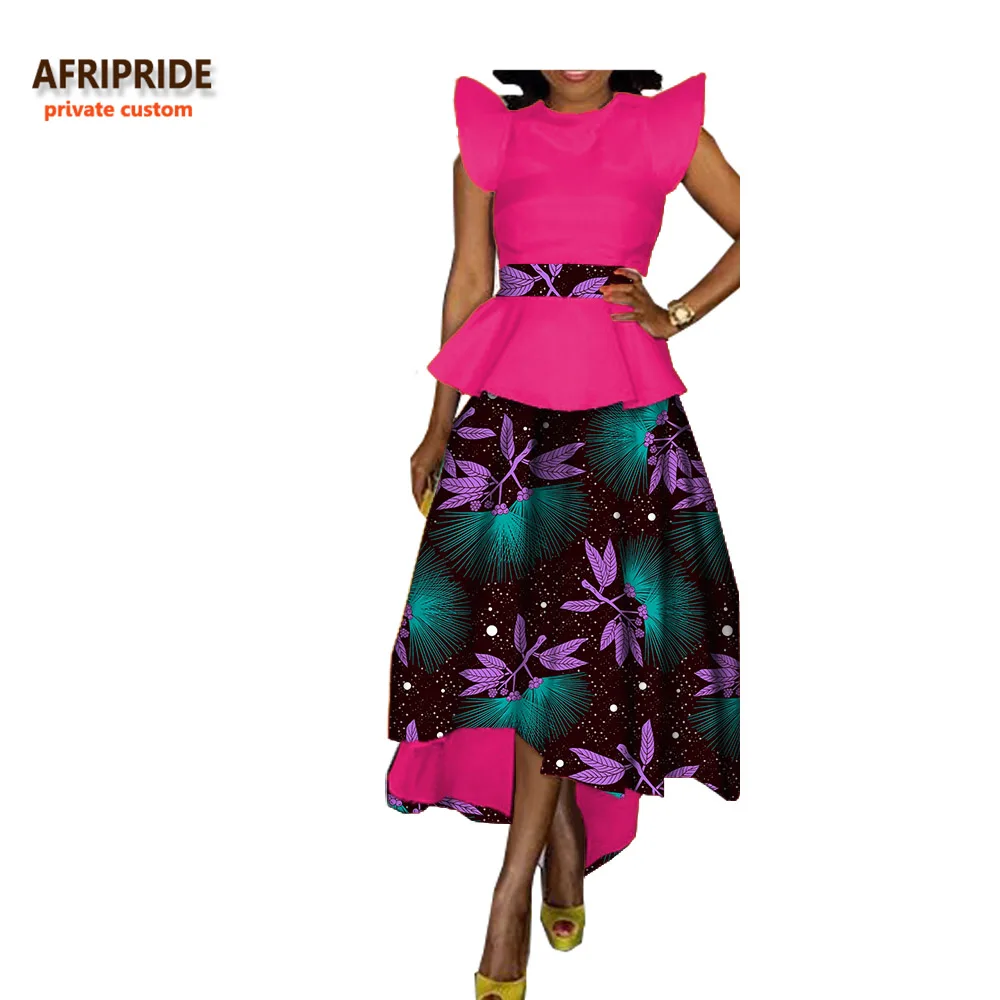 Afripride Африканский костюм из 2 предметов с юбкой для женщин короткий топ с пышными рукавами+ юбка длиной до щиколотки женский хлопковый костюм A722666