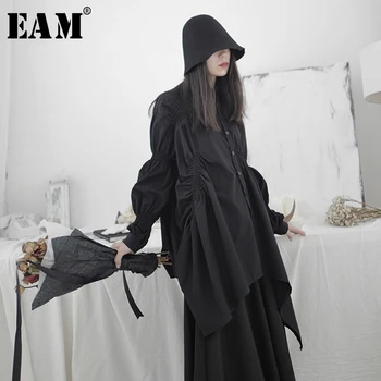 

[EAM] Women Black Asymmetrical Pleated Big Size Blouse New Lapel Long Sleeve Loose Fit Shirt Fashion Spring Autumn 2020 1S22201
