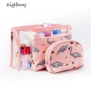 

2020 New Color Flamingo Female Cosmetic Storage Bag Set Waterproof Transparent PVC Washing Traveling Storage Bag Three Piece Set