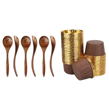 

100Pcs Aluminum Foil Cupcake Cups,Disposable Muffin Liners & 6Pcs 7 Inch Wooden Spoons for Dinner, Salad Desserts