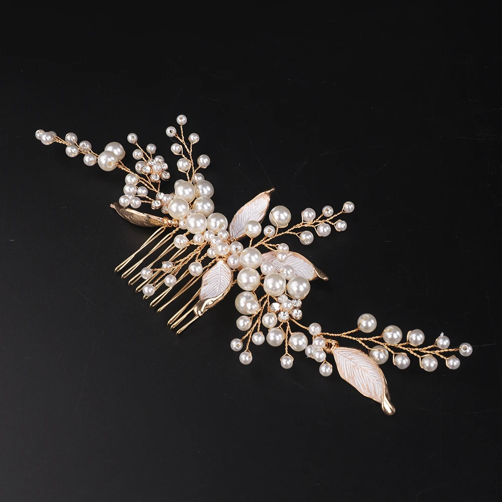 Gold Bride Headdress Elegant Women Hair Jewelry for Party Tiaras Banquet Leaves Pearls Wedding Hair Comb Accessories