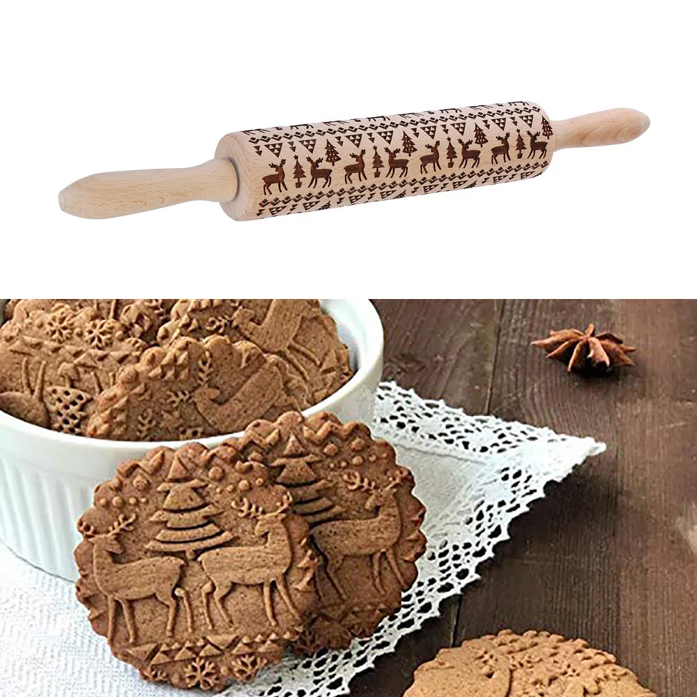 Рождественская деревянная Скалка с гравировкой, рельефная кухонная скалка для выпечки печенья, инструмент для теста rouleau patisserie motif FB