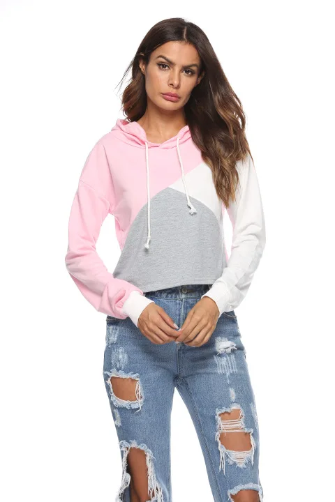 

Factory direct 2019 autumn and winter explosion models stitching hooded short casual sweatshirt