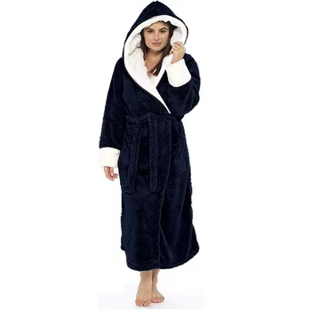 

Plus Size Women Bathrobe Winter Plush Lengthened Shawl Bathrobe Home Clothes Long Sleeved Hooded Robe Coat Fleece Sleepwear