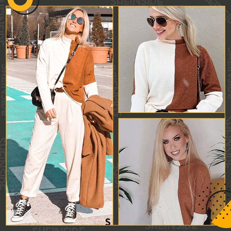 Sheinside Повседневный двухцветный вязаный свитер для женщин осенний цветной блок свитера женский длинный минималистичный Топ
