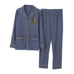 Striped Design Men's Sleepwear Pocket Pattern Print Turn-down Collar Pajamas For Men Autumn Winte Lounge Two Piece Set Home Wear