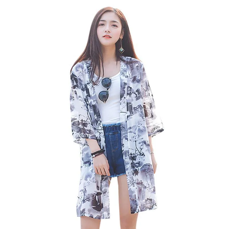 

Fashion Women Holiday Cardigan Mid-Length Chiffon Print Sun Protection Clothing Seven-Point Sleeve Cardigan