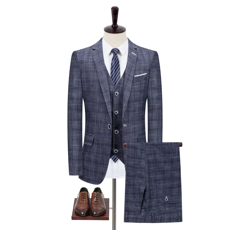 

(Jackets + Vest + Pants) Men's Groom Wedding Dress Plaid Formal Suits Set Men Fashion Casual Business Suit Three-piece