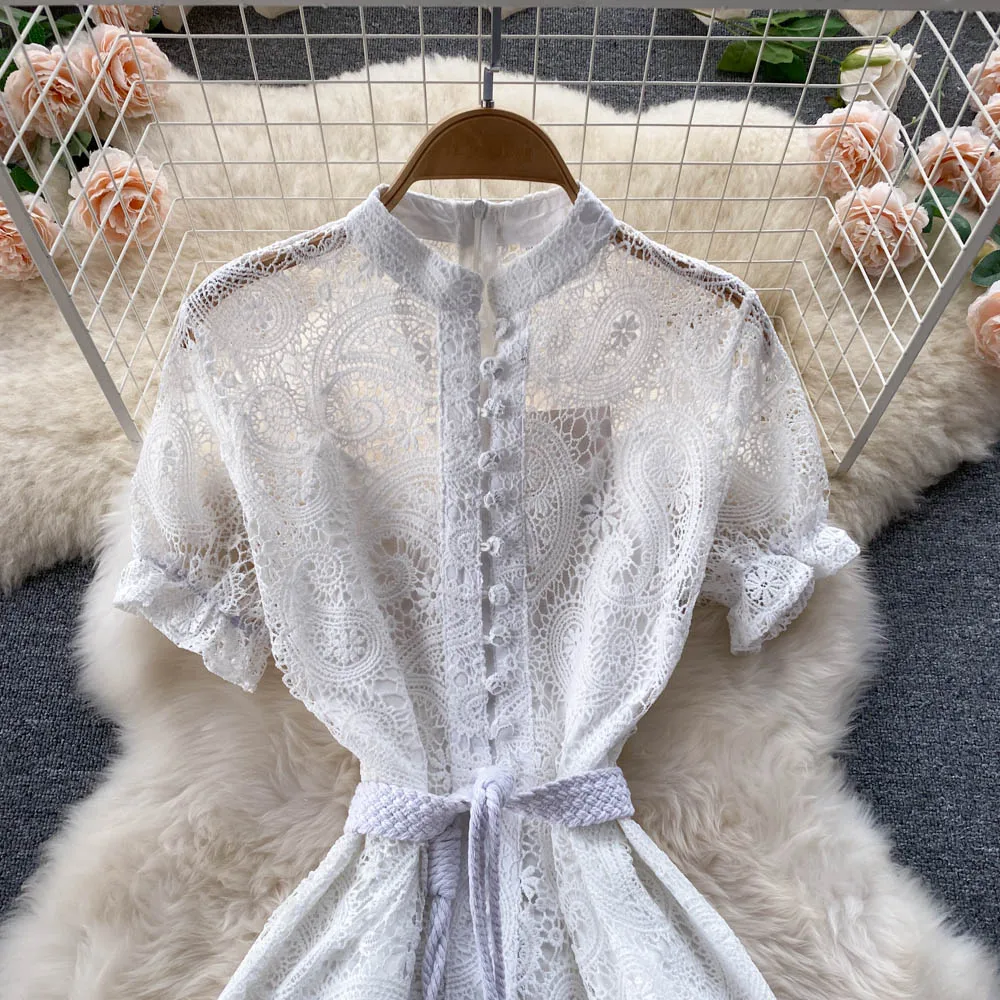 Elegant Puff Sleeve French Lace Dress 