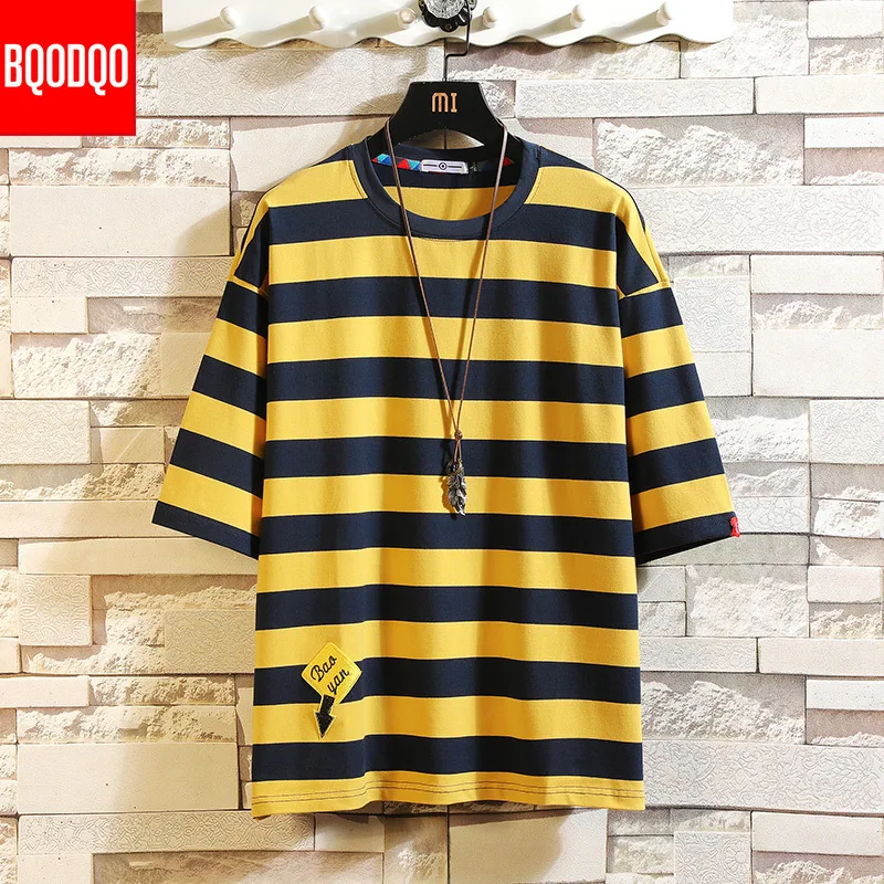 

Oversized Hip-hop Casual Fashion T-shirt Male Cotton Short Sleeve Stripe Fitness Tee Men Blue Summer Streetwear Harajuku T shirt