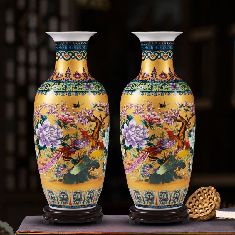 

Chinese Palace Ceramic Floor Large Vase+Base Ornaments Home Furnishing Livingroom Tbale Figurines Crafts Office Desk Decoration