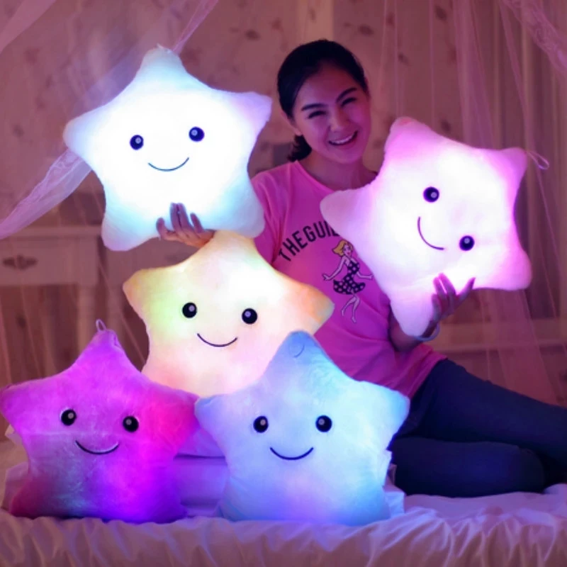 Almohada luminosa de 34CM para niños y niñas, cojín de estrella, almohada de muñeca de peluche brillante, luz Led, juguetes de regalo, luz de felpa de Navidad