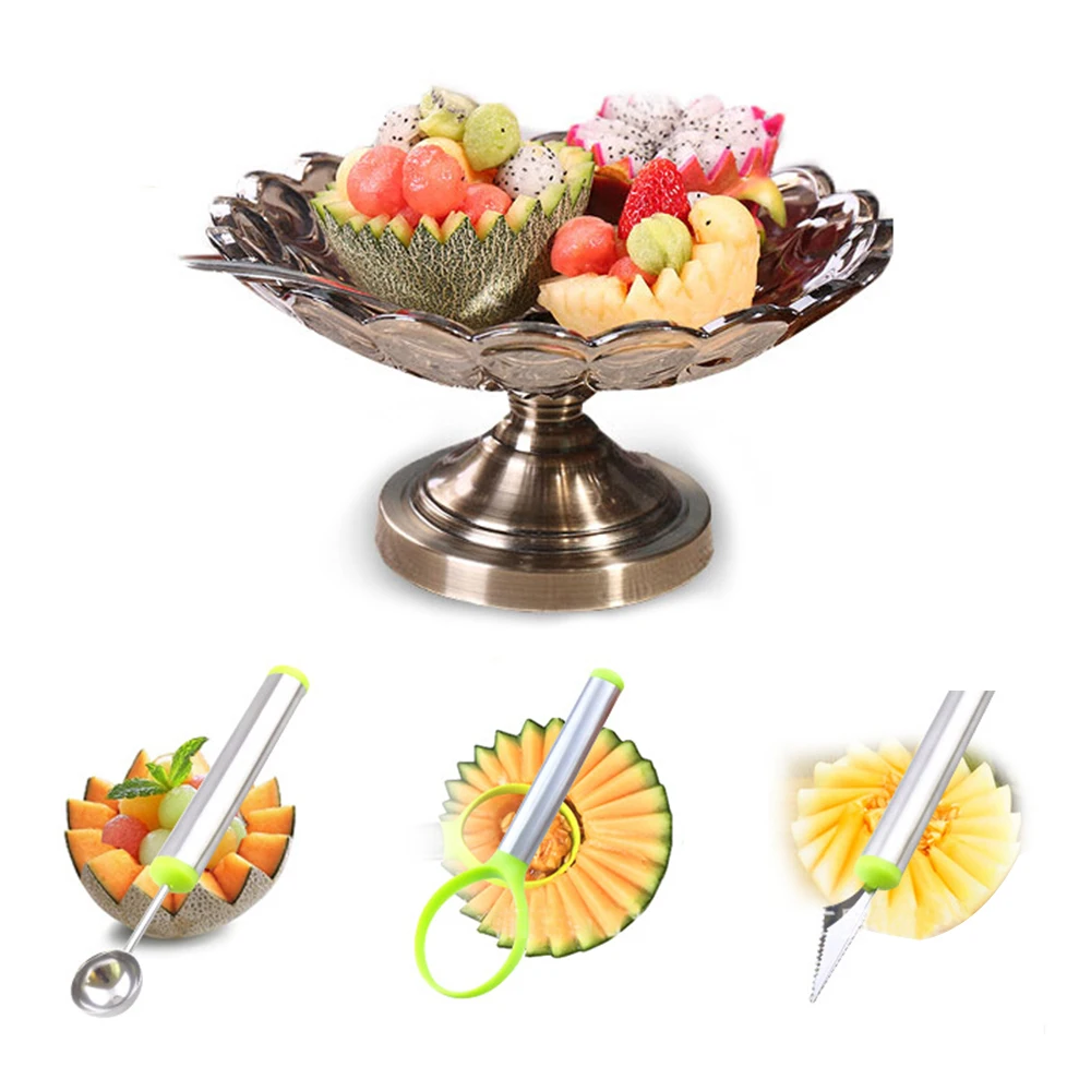 NICEYARD 3 Pcs/Set Watermelon Carving Knife Cream Spoon Fruit Platter Set Creative Stainless Steel Fruit Tools