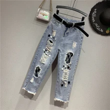 Летние джинсы-шаровары, европейский светильник, цветные джинсы для женщин, с высокой талией, рваные, с блестками, на молнии, с кисточками