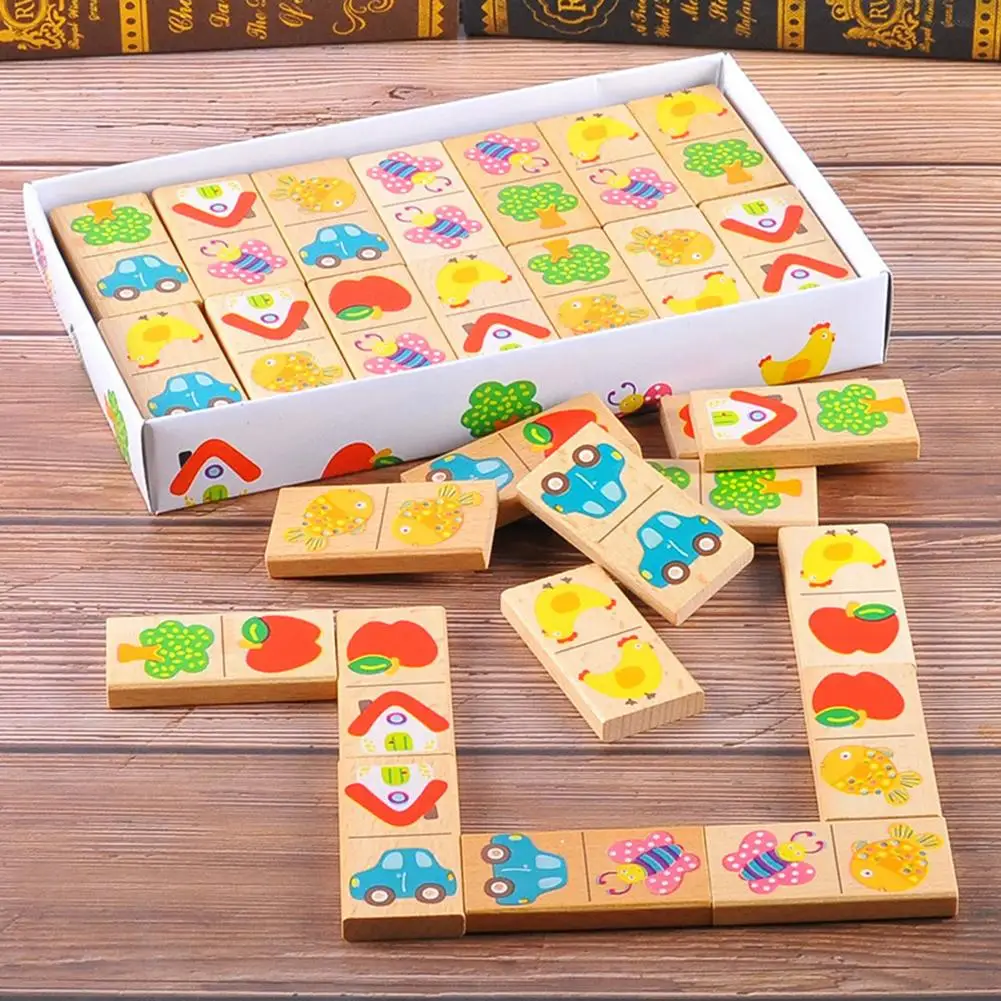 low cost  28Pcs/Set Wooden Fruit Car Pairing Domino Puzzle Blocks Children Educational Toy Kid Gift