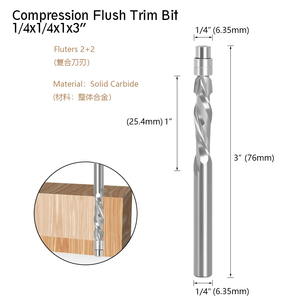 LA VIE 1 PC 6mm 6.35mm shank Solid Carbide Bearing Guided Two Flute Flush Trim Router Bits Woodworking milling cutters end mill