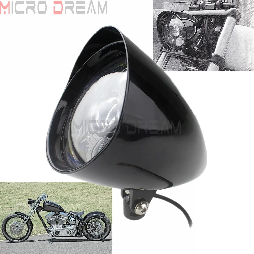Retro Led 5.75" Black Visor Bullet Headlamp Headlight Universal Motorcycle Light For Harley Dyna