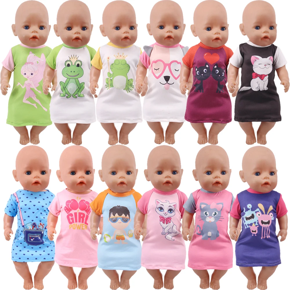 17 Color One-piece Cotton Cartoon Print T-shirt Skirt For 18Inch AG Doll Clothes 43Cm Baby New Born BJD Our Generation Girl Gift thickened winter baby stroller blanket lamb fleece knitted new born sleeping swaddling blankets solid color infant bedding stuff