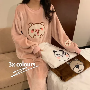 

Pajamas Winter Women's Loose Cute Cartoon Embroidery Coral Fleece Pajamas Thickened Flannel Home Clothes Sleepwear