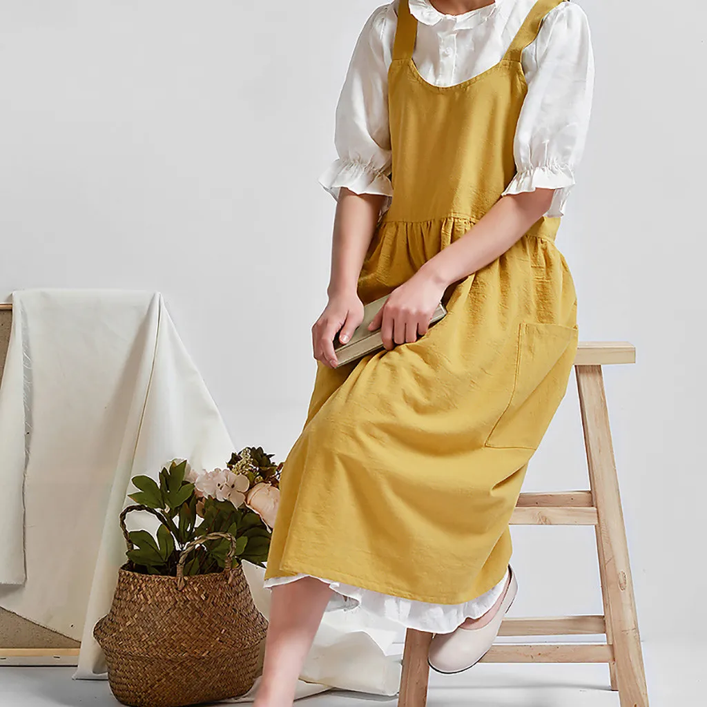 Women Cross Back Apron Japanese Housework Baking Wrap Cotton Linen Florist Dress Literary Art Cotton And Linen Advertising Apron