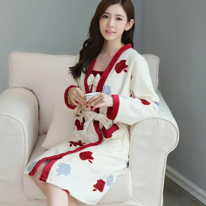 Coral Fleece Female Winter Thick Kimono Bathrobe Gown 2PCS Robe Set Nightwear Soft Bow Sleepwear Flannel Home Clothing - Цвет: Style K