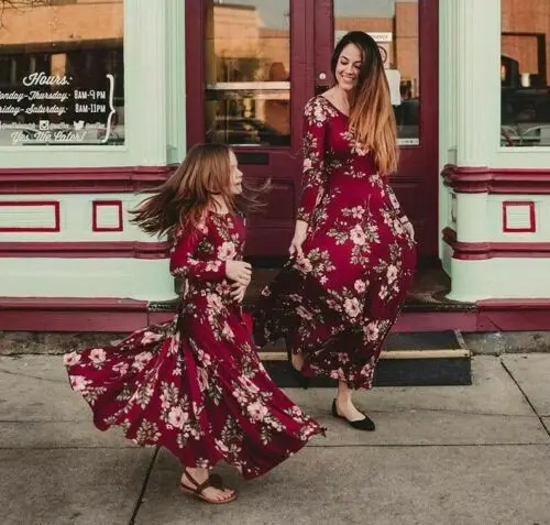 

Mother Daughter Dresses Wine Floral Party Long Dress Twinning Matching OutfitNew
