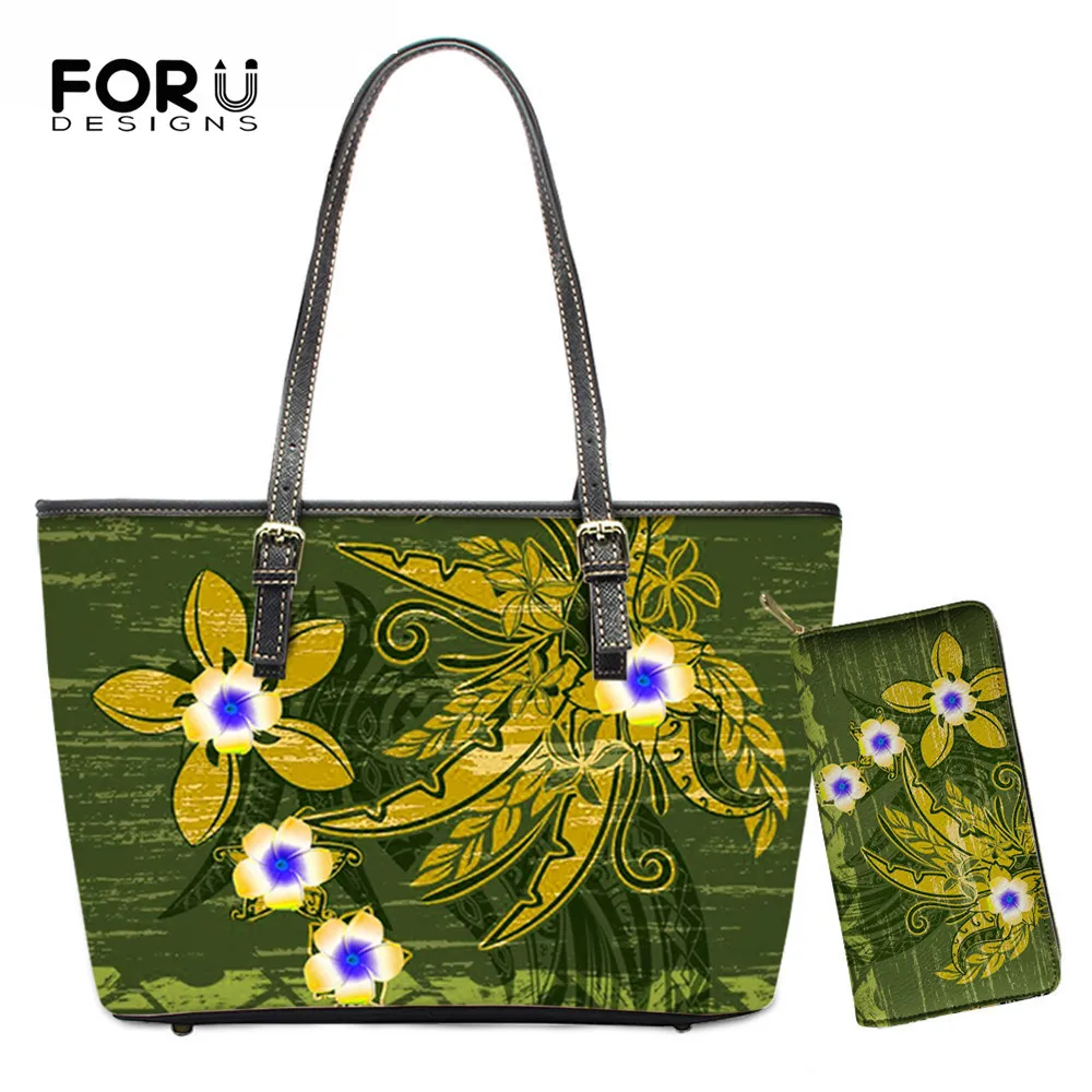 

FOURDESIGNS New Arrival PU Crossbody Bag And Purse Set for Girls Vintage Hawaiian Blue Tribal Jungle Plumeria Print Women Totes