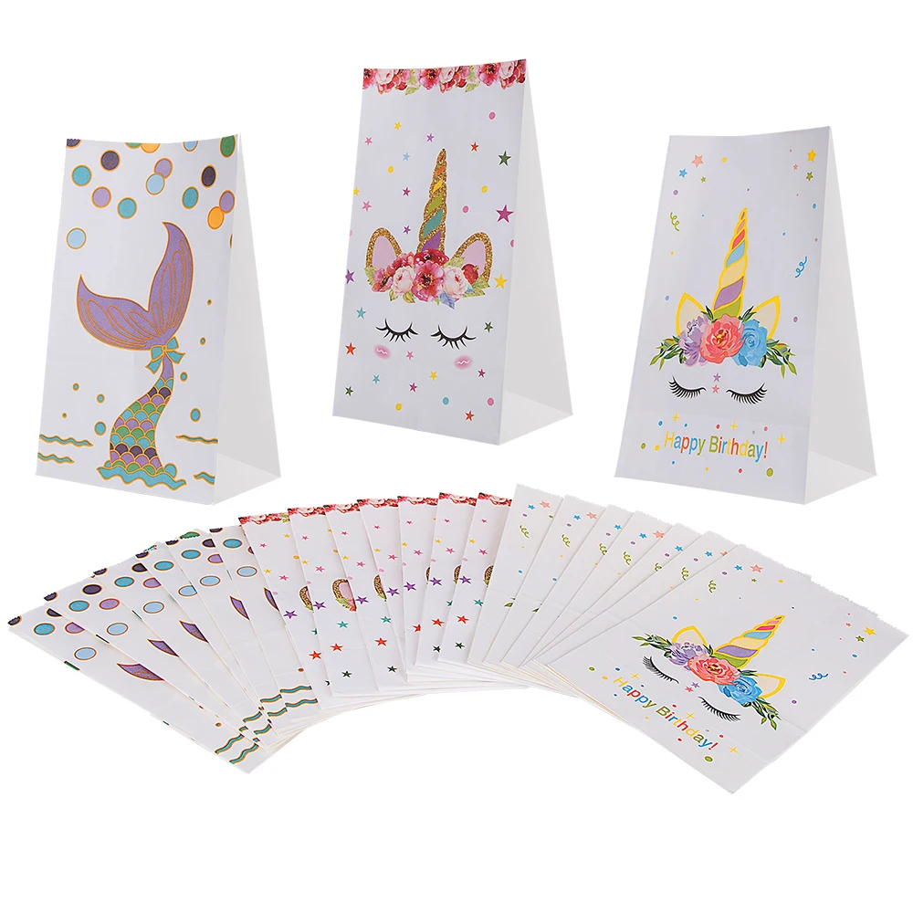 

24Pcs/Set Unicorn and Mermaid Cartoon Gift Candy Bags For Fantasy Fairy Girls Party For Biscuits Birthday Candy Cake Package