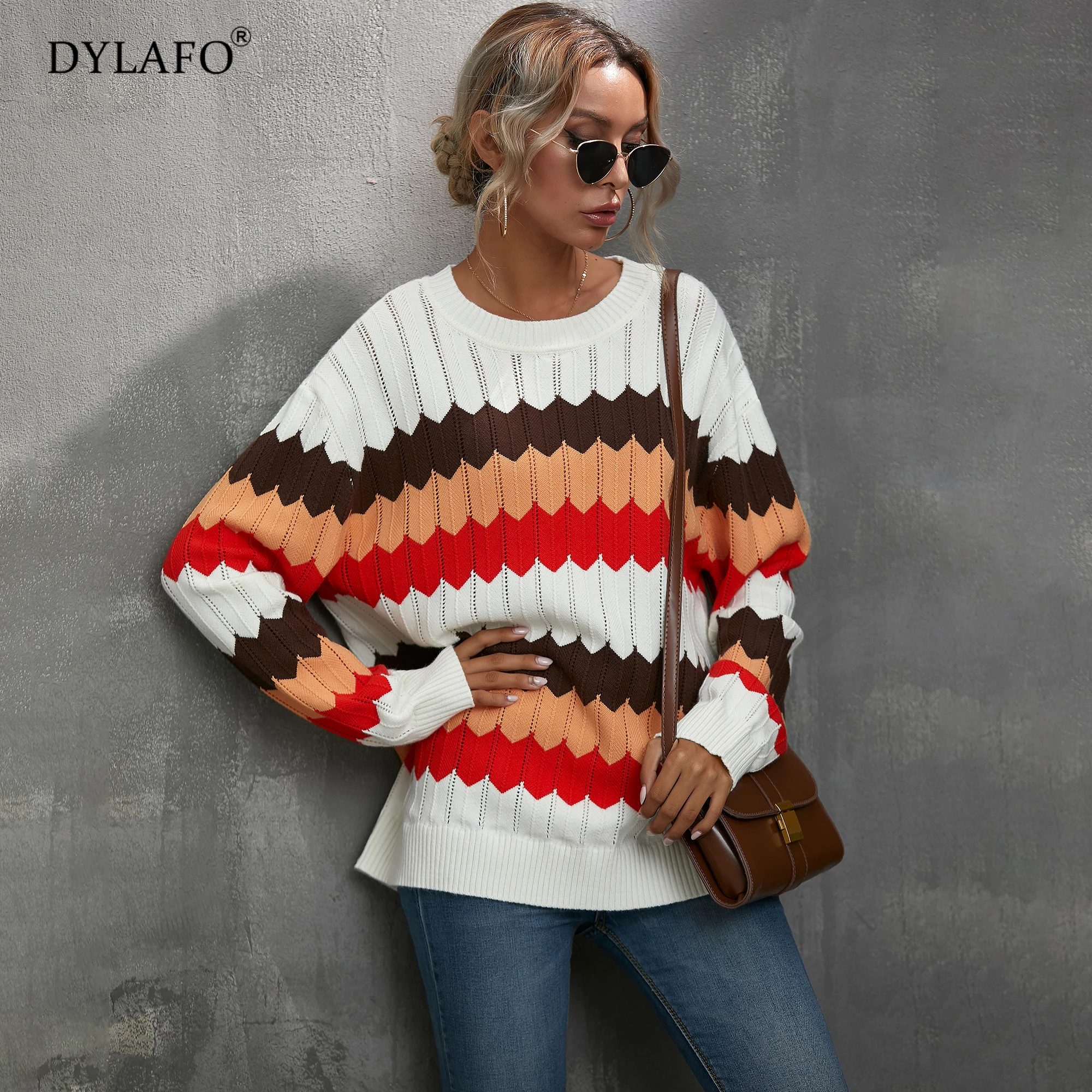 Striped Sweater Color Matching Wavy Pattern Knit
