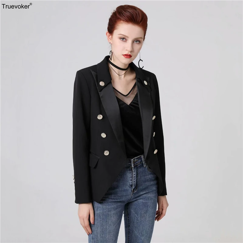 

Truevoker Runway Designer Blazer Women's High Street Fashion Long Sleeve Pure Black Elegant Gold Button Brief Blazer Top