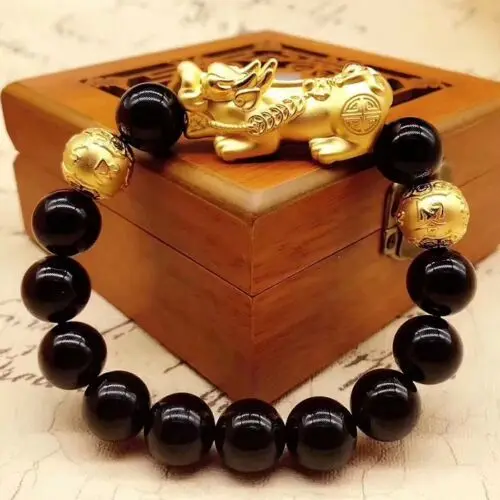 Настоящее 24K желтое золото браслет/мужчина женщина 3D Lucky Pixiu звено 10 мм Максим