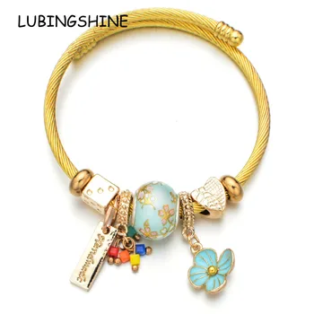 

Women Gold Color Stainless Steel Crystal Flower Charms Bracelets Wire Cable Rhinestones Open Adjustable Cuff Bangle DIY Jewelry