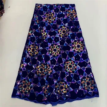 

African Lace Fabric Velvet High Quality Nigeria Lace Fabric With sequins Embroidery Royal Blue French Lace For Women Dress