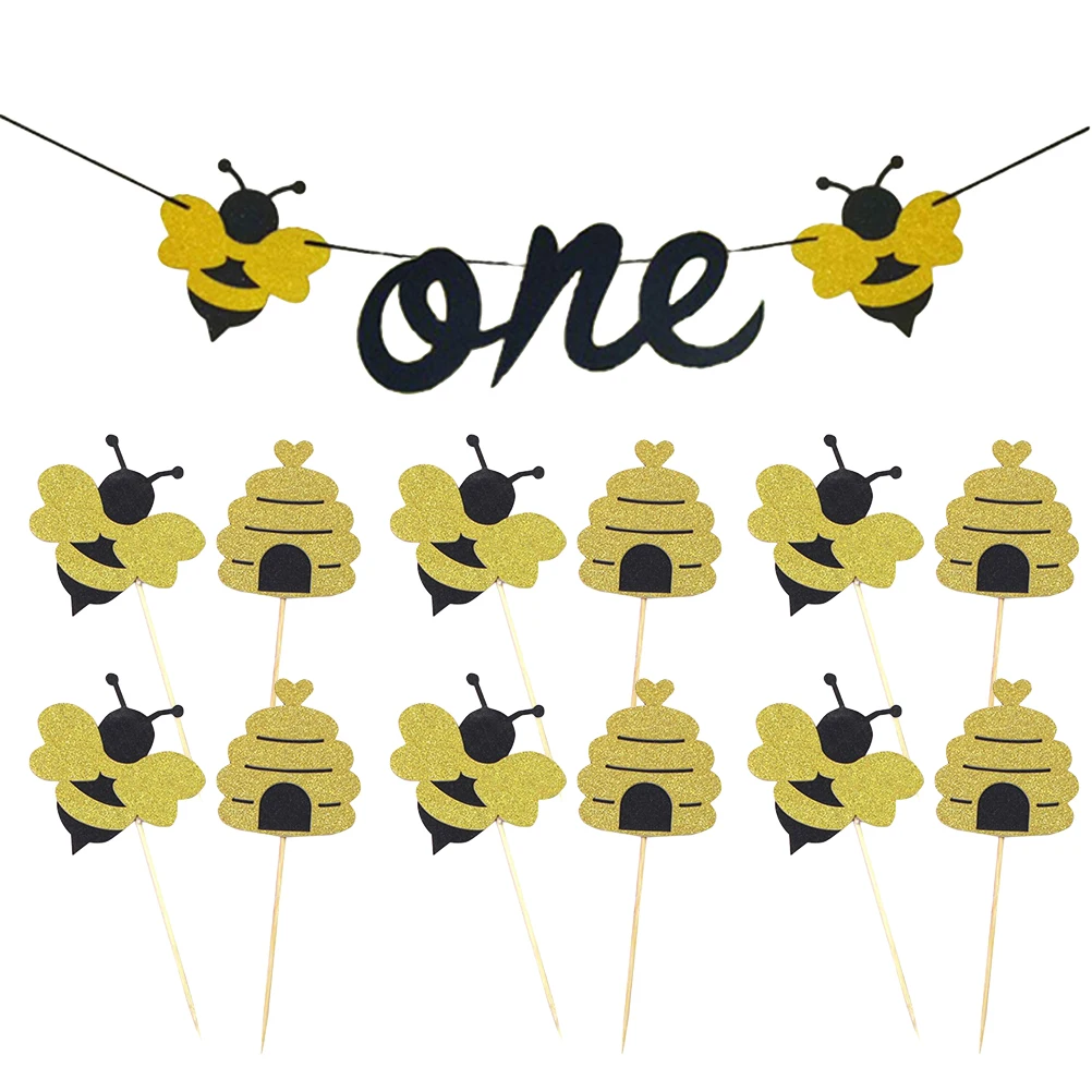 

13pcs Bee Banner Cake Topper Set Wasp Themed Cupcake Toppers Fruit Dessert Decorative Food Picks Bunting Table Party Supplies
