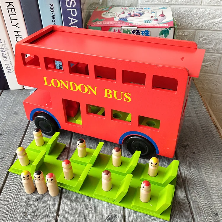 Children Wood Disassembly Educational Toy Car London Double Layer Bus Car Bright Red Bus Car Model