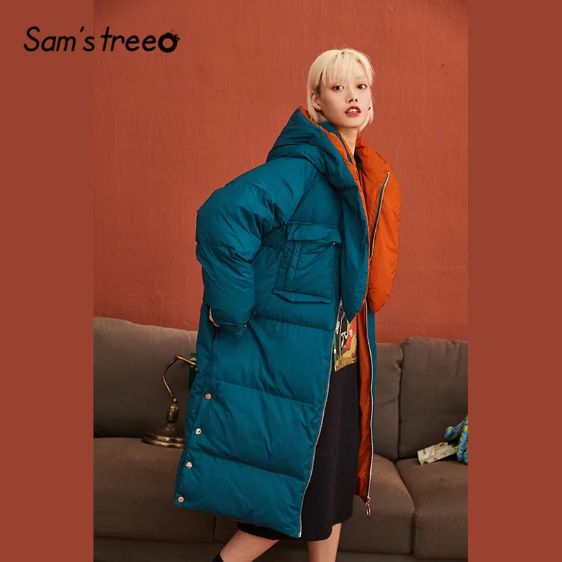 SAM'S TREE павлин синий однотонный бант спереди прямой теплый пуховик для женщин зима корейский Офис Леди Повседневная Верхняя одежда